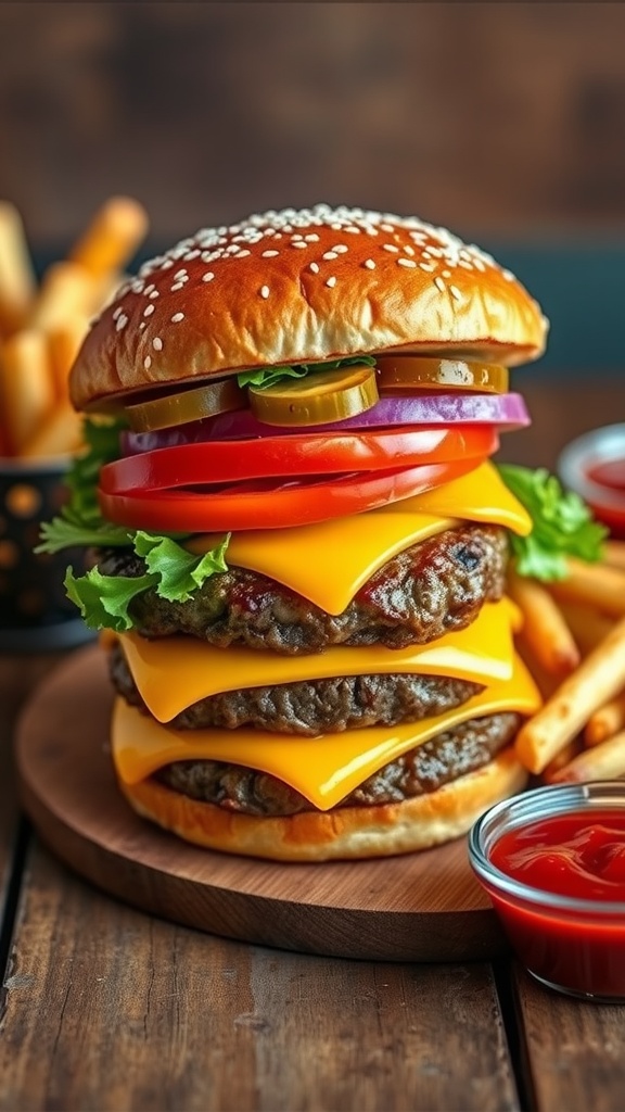 A delicious cheeseburger with beef patty, cheddar cheese, lettuce, and tomato on a toasted bun, served with fries.